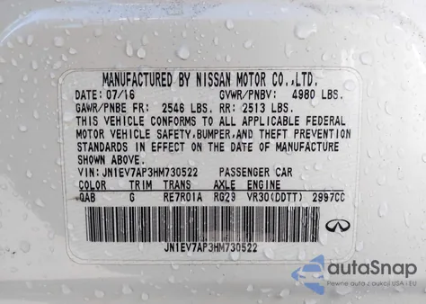 2017 Infiniti Q50 Premium from USA, damaged, VIN JN1EV7AP3HM730522